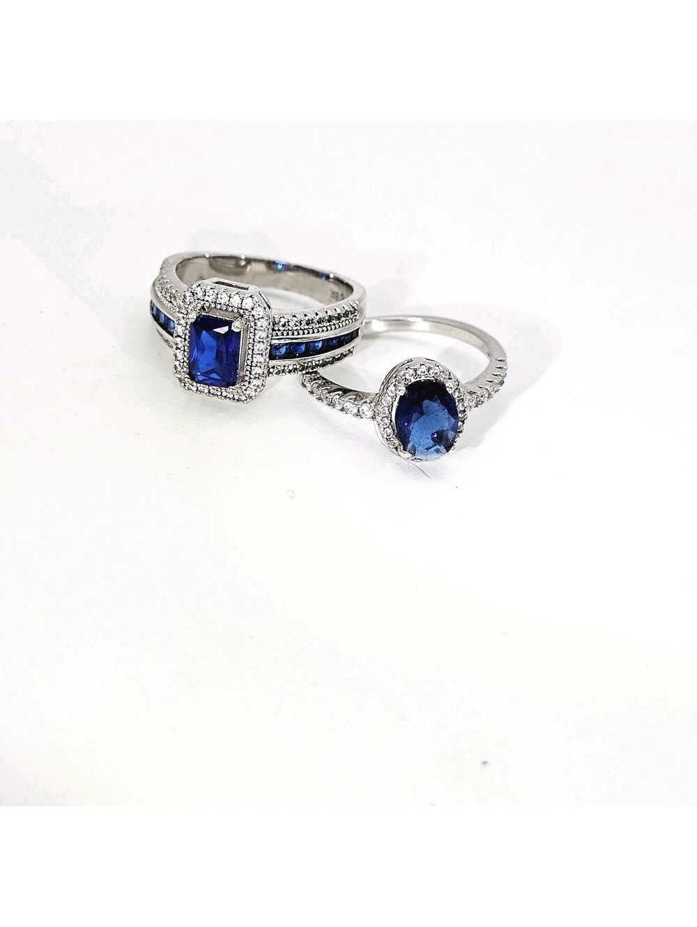 Lot of 2 Size 7.5 Sapphire CZ Rhodium-plated Rings September Birthstone - Picture 2 of 5